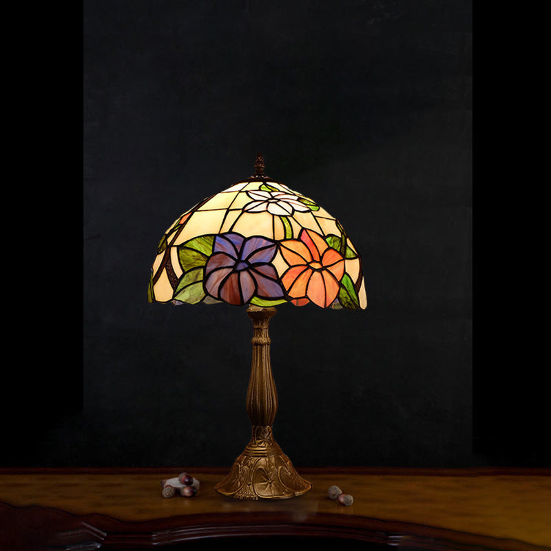Victoria - Tiffany Dome Shade Table Light 1-Bulb Stained Art Glass Night Lighting In Bronze With