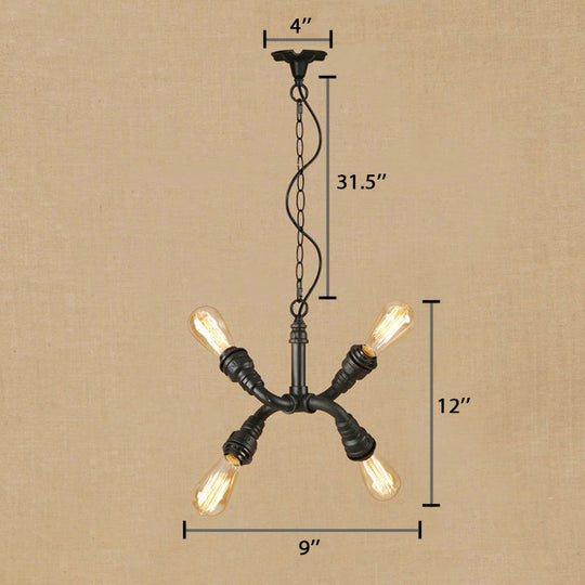 Industrial Iron Chandelier Pendant Light With Water Pipe - Stylish Bare Bulb Lamp (4-Light Black)