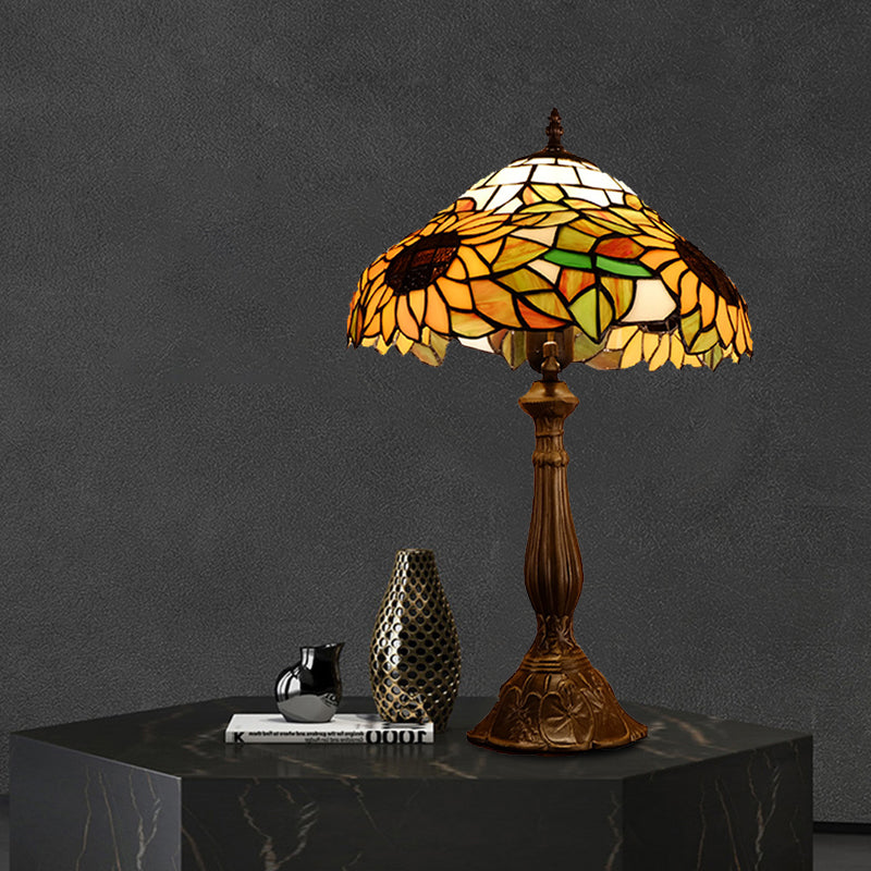Arrakis - Baroque Bowl Shade Table Light 1-Bulb Hand Cut Glass Sunflower Patterned Nightstand