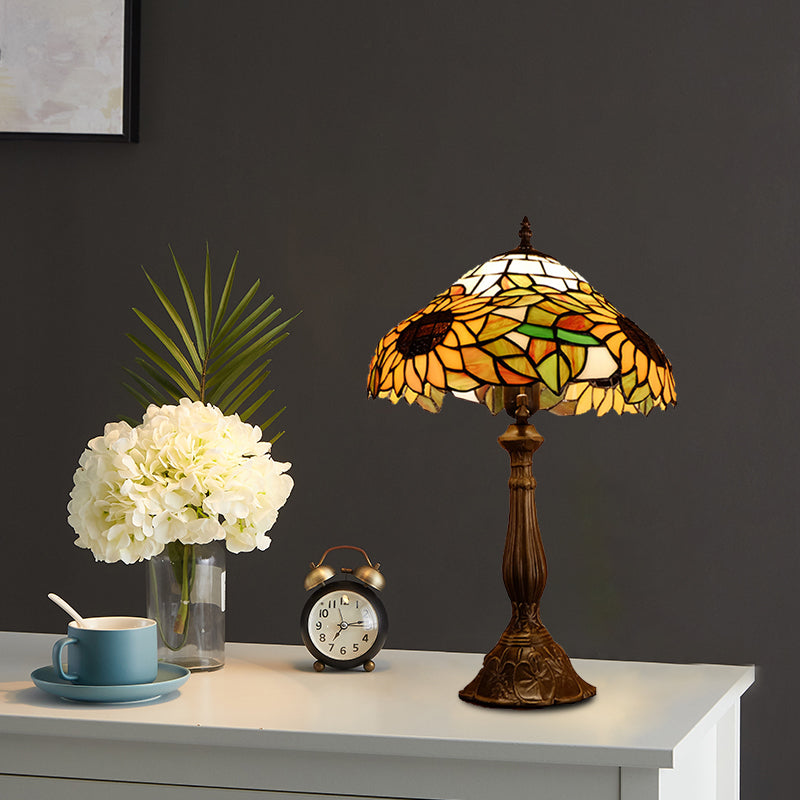 Arrakis - Baroque Bowl Shade Table Light 1-Bulb Hand Cut Glass Sunflower Patterned Nightstand