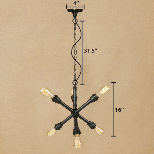 Industrial Sputnik Pendant Chandelier In Black With 6-Light & Water Pipe Detail