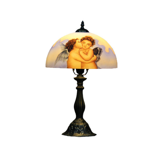 Sara - Stained Bowl Glass Nightstand Lamp Victorian 1 Head Bronze Angel Patterned Desk