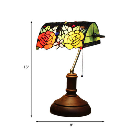 Baroque Rose Stained Glass Table Lamp: Elegant Night Lighting With Pull Chain - Dark Brown