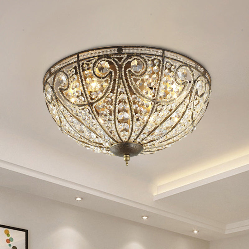 Vintage Antique Bronze Ceiling Light With Beveled Crystal And 3 - Bulb Flush Mount For Hallways