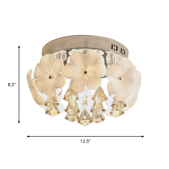 Ivory Glass Chrome Flush Mount Flower Ceiling Light With Diamond Crystal Drop