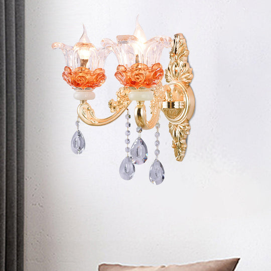 Classic Crystal Wall Light With Carved Arm And Backplate - 2 Lights Candlestick Sconce Lamp In