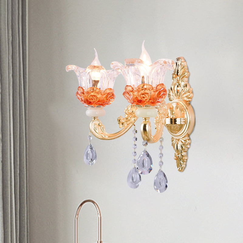 Classic Crystal Wall Light With Carved Arm And Backplate - 2 Lights Candlestick Sconce Lamp In