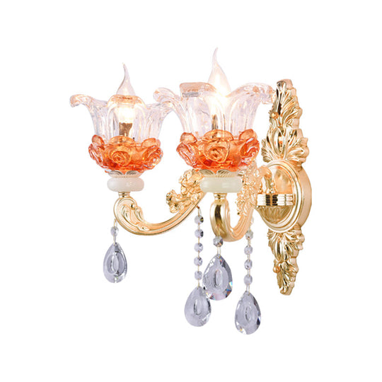 Classic Crystal Wall Light With Carved Arm And Backplate - 2 Lights Candlestick Sconce Lamp In