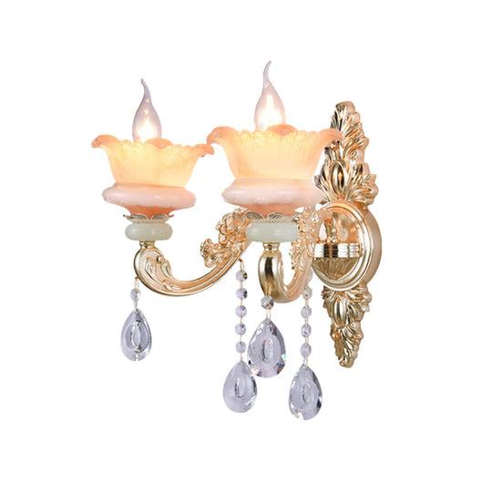 Classic Crystal Wall Light With Carved Arm And Backplate - 2 Lights Candlestick Sconce Lamp In