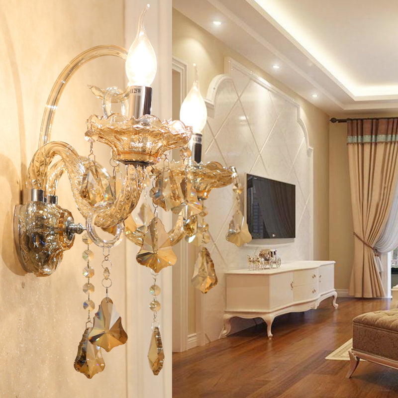 Crystal Cognac Candle Wall Sconce With Curved Glass Arm For Living Room Antique 2 Bulbs