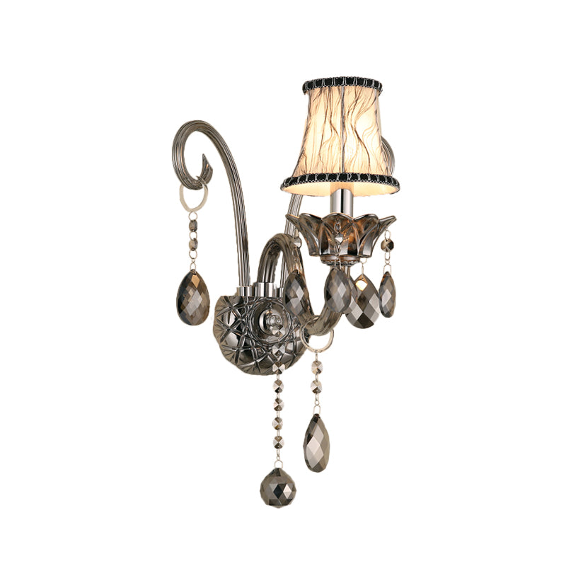 Vintage Smoke Gray Crystal Bell Sconce - Half-Bulb Retro Wall Lamp With Fabric Shade For Living Room