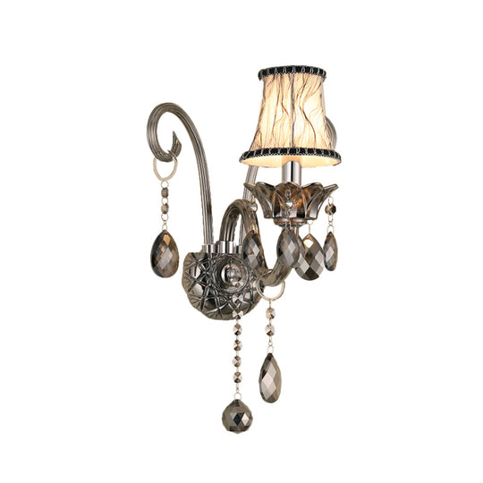 Vintage Smoke Gray Crystal Bell Sconce - Half-Bulb Retro Wall Lamp With Fabric Shade For Living Room