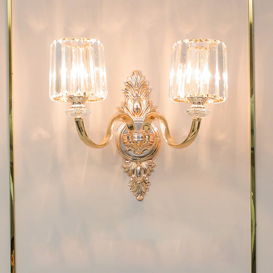 Gold Retro Crystal Block Wall Sconce With 2-Bulb Cylinder & Carved Backplate