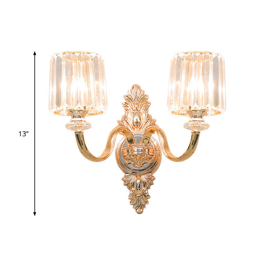 Gold Retro Crystal Block Wall Sconce With 2-Bulb Cylinder & Carved Backplate