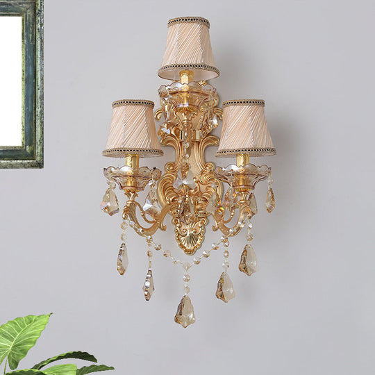 Classic 3-Light Bell Fabric Wall Sconce In Gold With Dangling Crystal - Perfect For Living Room
