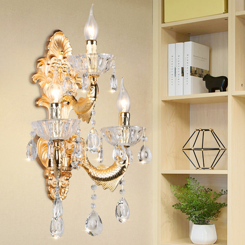 Gold Crystal Wall Light With Fish-Shaped Arm And 3 Candle Lights