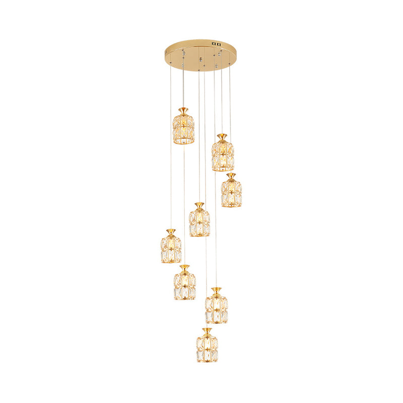 Modern Crystal Block 8-Light Pendant With Gold Cylindrical Pendulum
