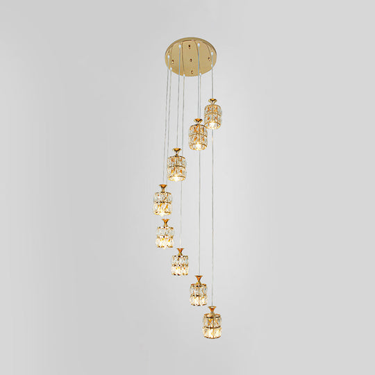 Modern Crystal Block 8-Light Pendant With Gold Cylindrical Pendulum