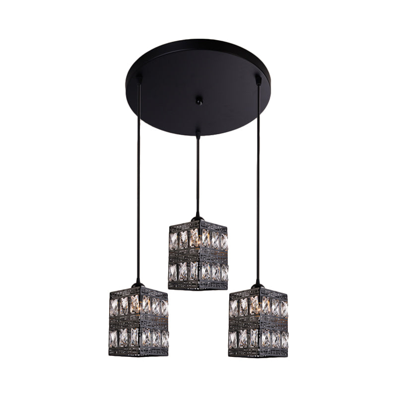 Modernist Crystal Block Cuboid Pendulum Light - 3-Light Black Finish Hanging Lamp