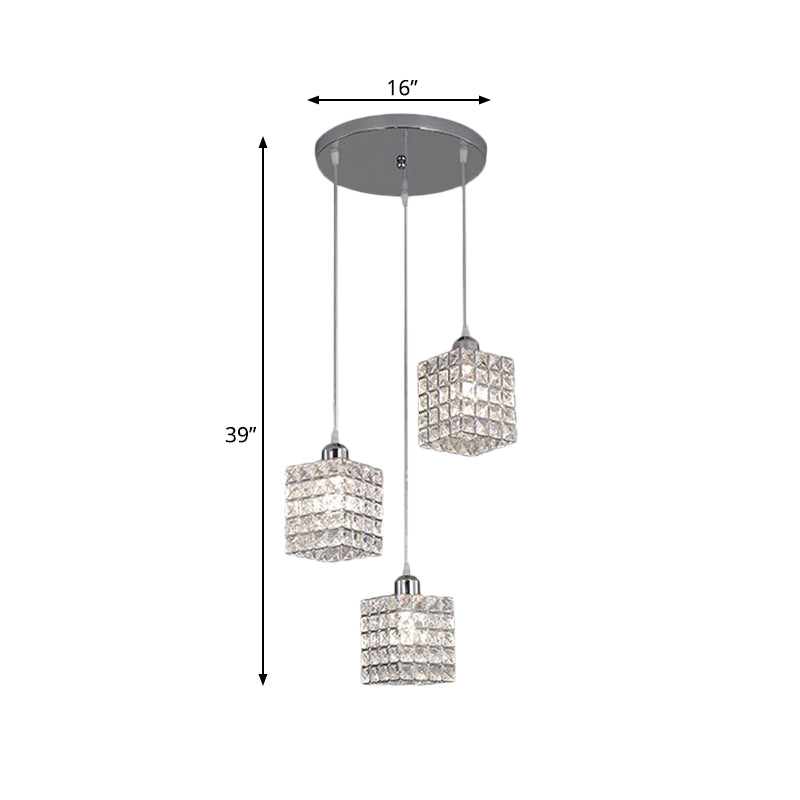 Minimalist Chrome Cuboid Pendant With 3 Beveled Crystal Bulbs - Ceiling Suspension Light