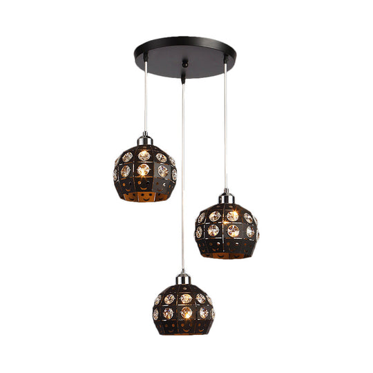 Modern Black Crystal Dome Dining Room Suspension Light With 3 Embedded Pendant Lamp Heads