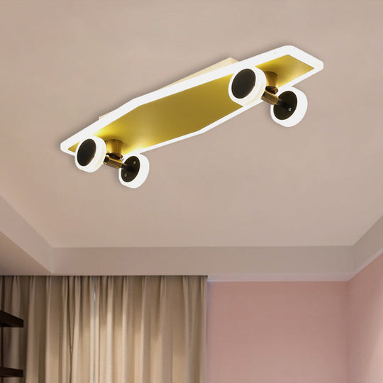 Kids Led Gold Skateboard Ceiling Light For Boys Bedroom - Acrylic Flush Mount Fixture