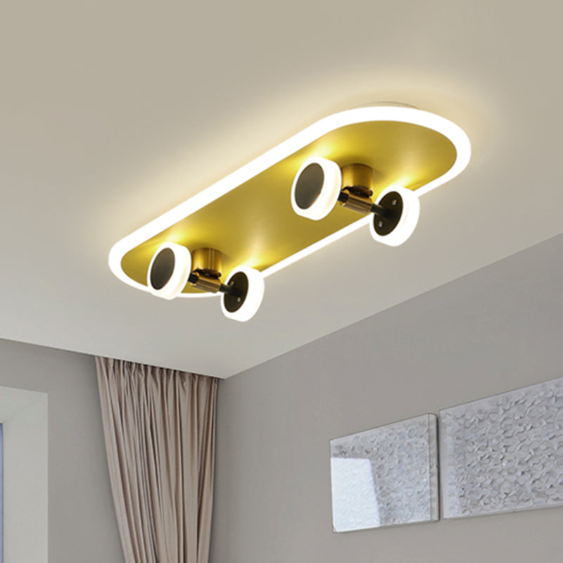 Kids Led Gold Skateboard Ceiling Light For Boys Bedroom - Acrylic Flush Mount Fixture
