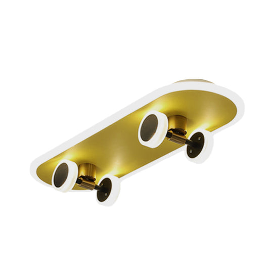 Kids Led Gold Skateboard Ceiling Light For Boys Bedroom - Acrylic Flush Mount Fixture
