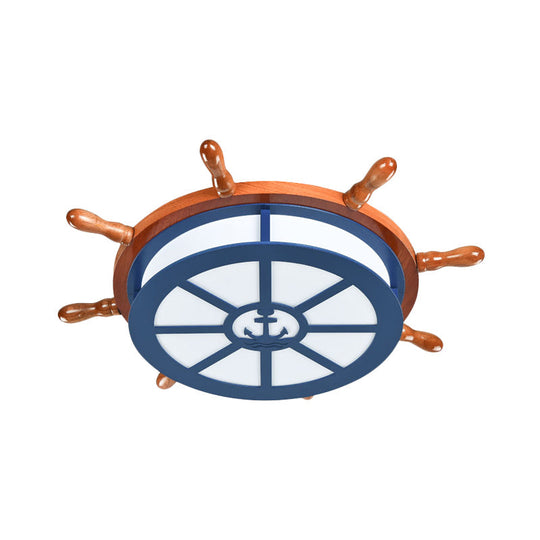 Wooden Led Blue Ceiling Light Fixture For Boys Bedroom - Rudder Flush Mount Lamp