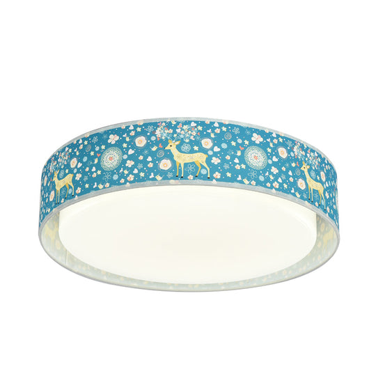 Cartoon Led Metal Flush Mount Light With Animal Pattern For Bedroom - Beige/Blue Drum Lighting