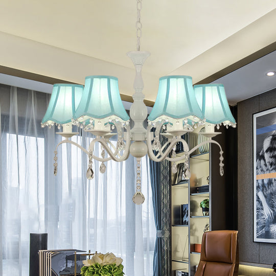 Contemporary 6-Light Pink/Blue Scalloped Fabric Pendant Chandelier With Crystal Droplet Blue