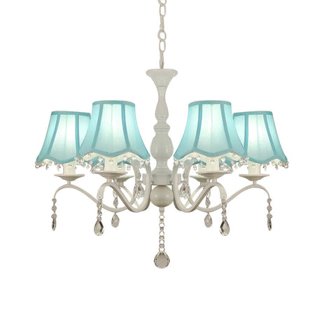 Contemporary 6-Light Scalloped Fabric Pendant Chandelier In Pink/Blue With Crystal Droplet