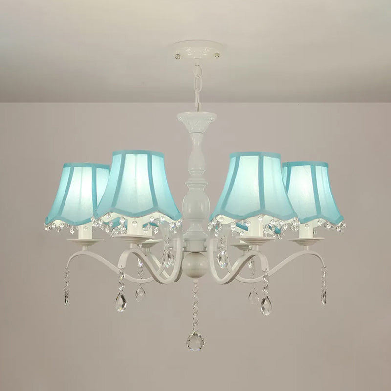 Contemporary 6-Light Pink/Blue Scalloped Fabric Pendant Chandelier With Crystal Droplet