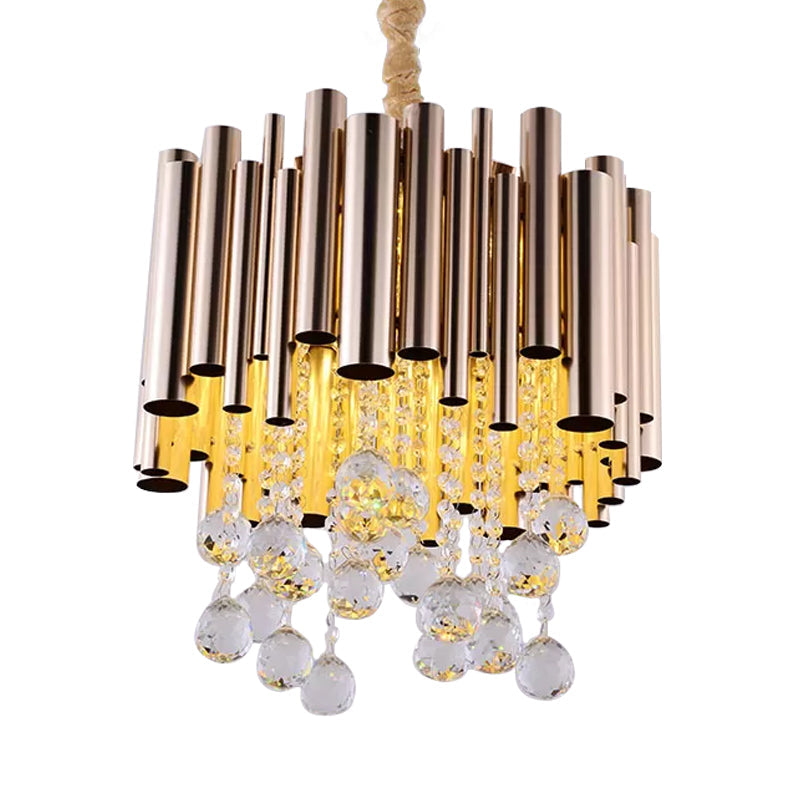 Modernist 6-Light Slim Tube Chandelier In Gold/Rose Red Finish With Crystal Ball Accents