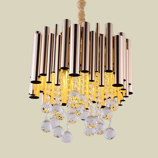 Modernist 6-Light Slim Tube Chandelier In Gold/Rose Red Finish With Crystal Ball Accents