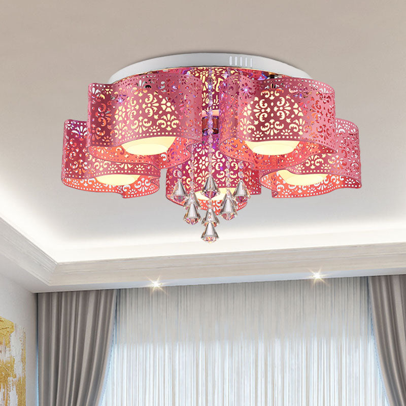 Contemporary Metallic Windmill Flushmount Light With Orb Frosted Glass Shade - Rose Red Finish