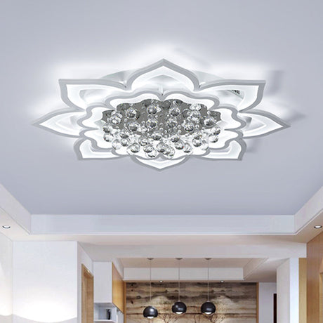 Contemporary Acrylic Flower Flush Light With Led Crystal Droplets - White