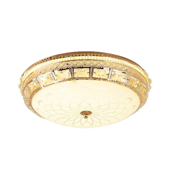 Modern Gold Flush Led Ceiling Light With Crystal Accents Dome White Glass Shade - Ideal For Bedroom