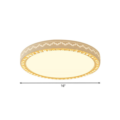 Metal Flat Drum Flush Led Mount Lamp Fixture In White With Crystal Accent