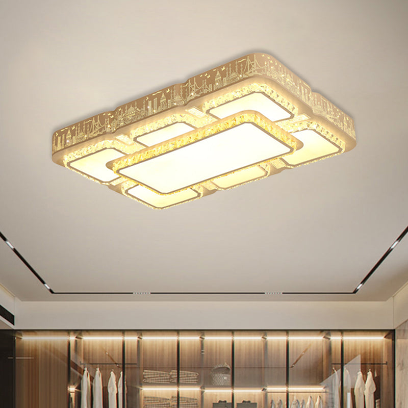 Modern Led Crystal Flush Mount Lamp: White Rectangular Design With Laser - Cut City Pattern