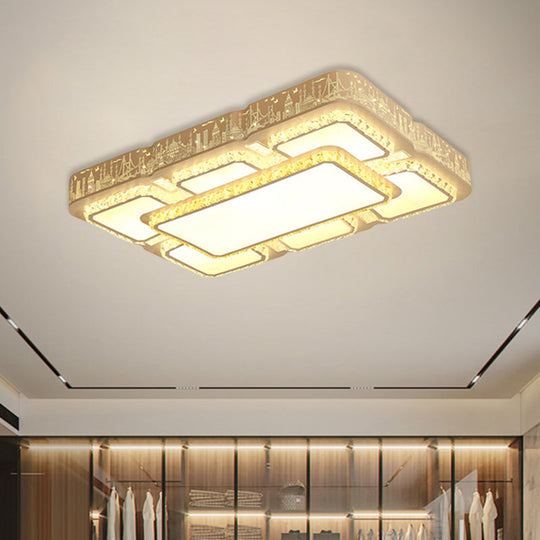 Modern Led Crystal Flush Mount Lamp: White Rectangular Design With Laser - Cut City Pattern