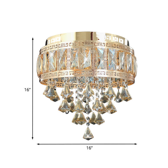 Contemporary Diamond Crystal Flush Lamp Fixture - Drum Shape 4 Lights Gold