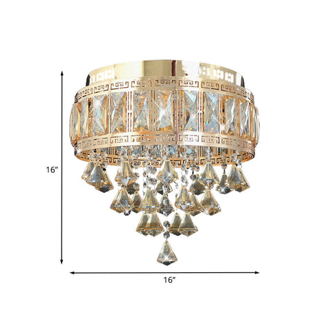 Contemporary Diamond Crystal Flush Lamp Fixture - Drum Shape 4 Lights Gold