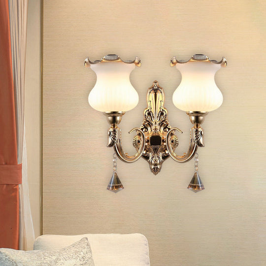 Gourd Shape Opal Glass Bedside Wall Light Fixture - Mid Century Gold Mount Lamp With 2 Bulbs