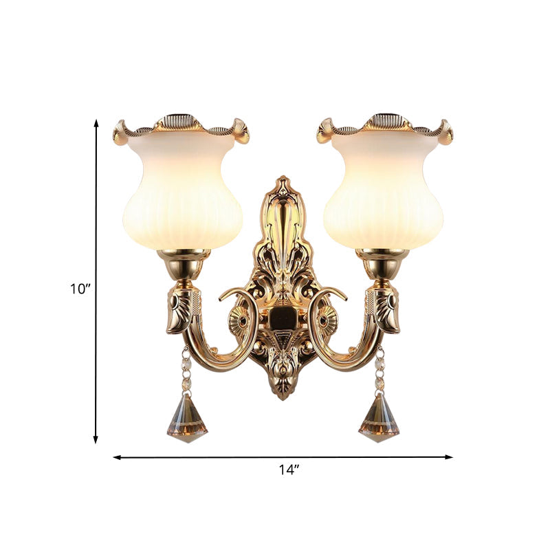 Gourd Shape Opal Glass Bedside Wall Light Fixture - Mid Century Gold Mount Lamp With 2 Bulbs