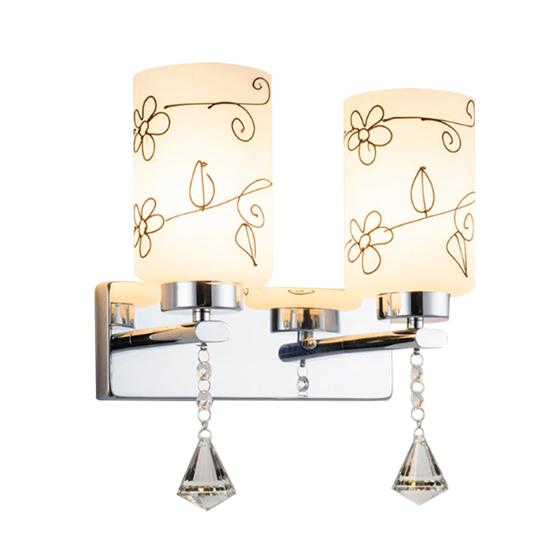 Modern White Glass Cylinder Wall Sconce With 2 Bulbs Chrome Finish And Elegant Flower Pattern