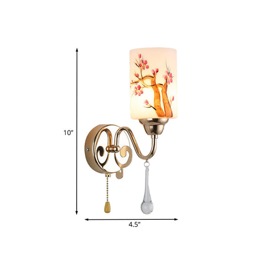 Contemporary Gold Finish Wall Lamp With Cream Glass Shade & Pull Chain