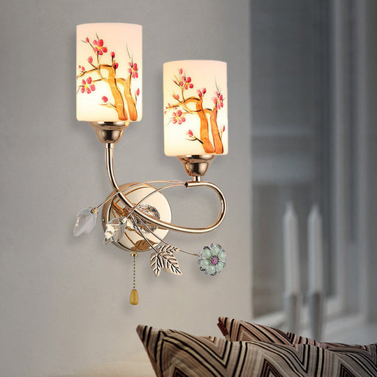Contemporary Gold Finish Wall Lamp With Cream Glass Shade & Pull Chain 2 /
