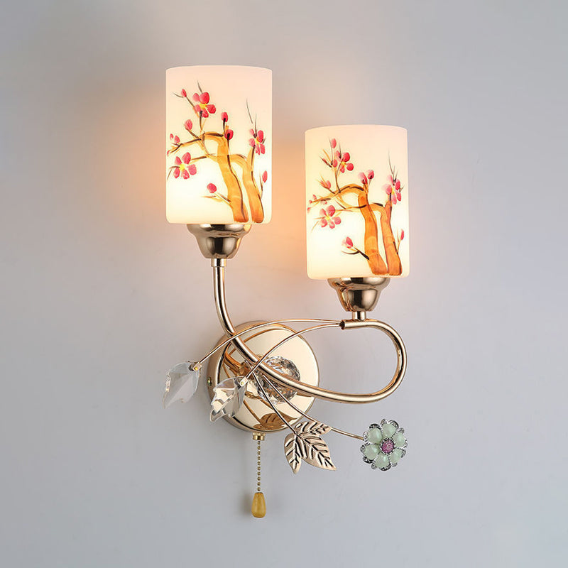 Contemporary Gold Finish Wall Lamp With Cream Glass Shade & Pull Chain