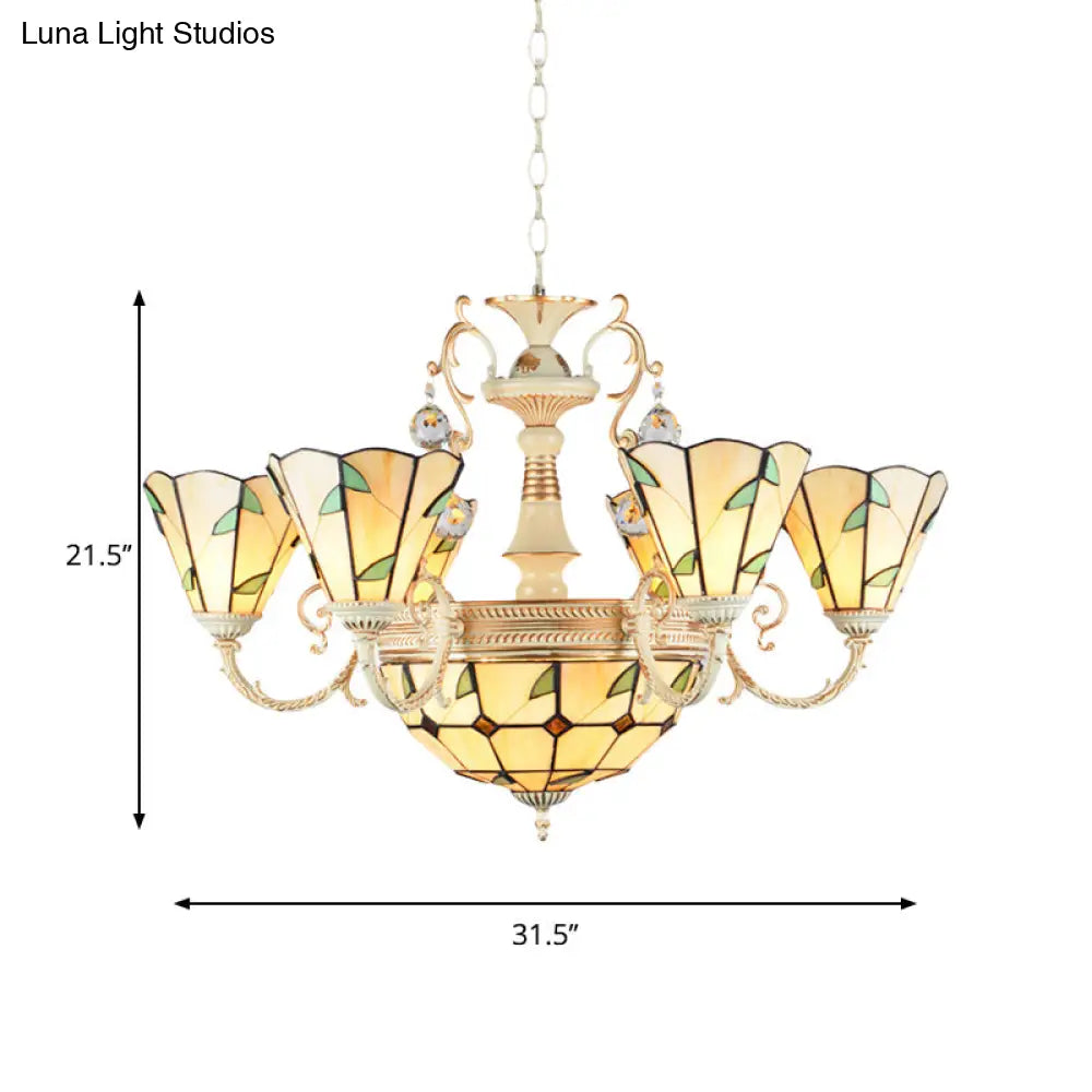 9/11 Lights Stained Glass Indoor Pendant Light: Cone And Dome Shade Rustic Beige Chandelier